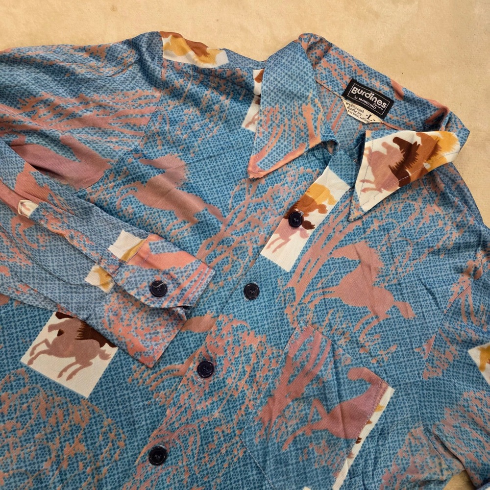 Vintage 70's Disco Horse Print Women's Medium Button Up Nylon Shirt